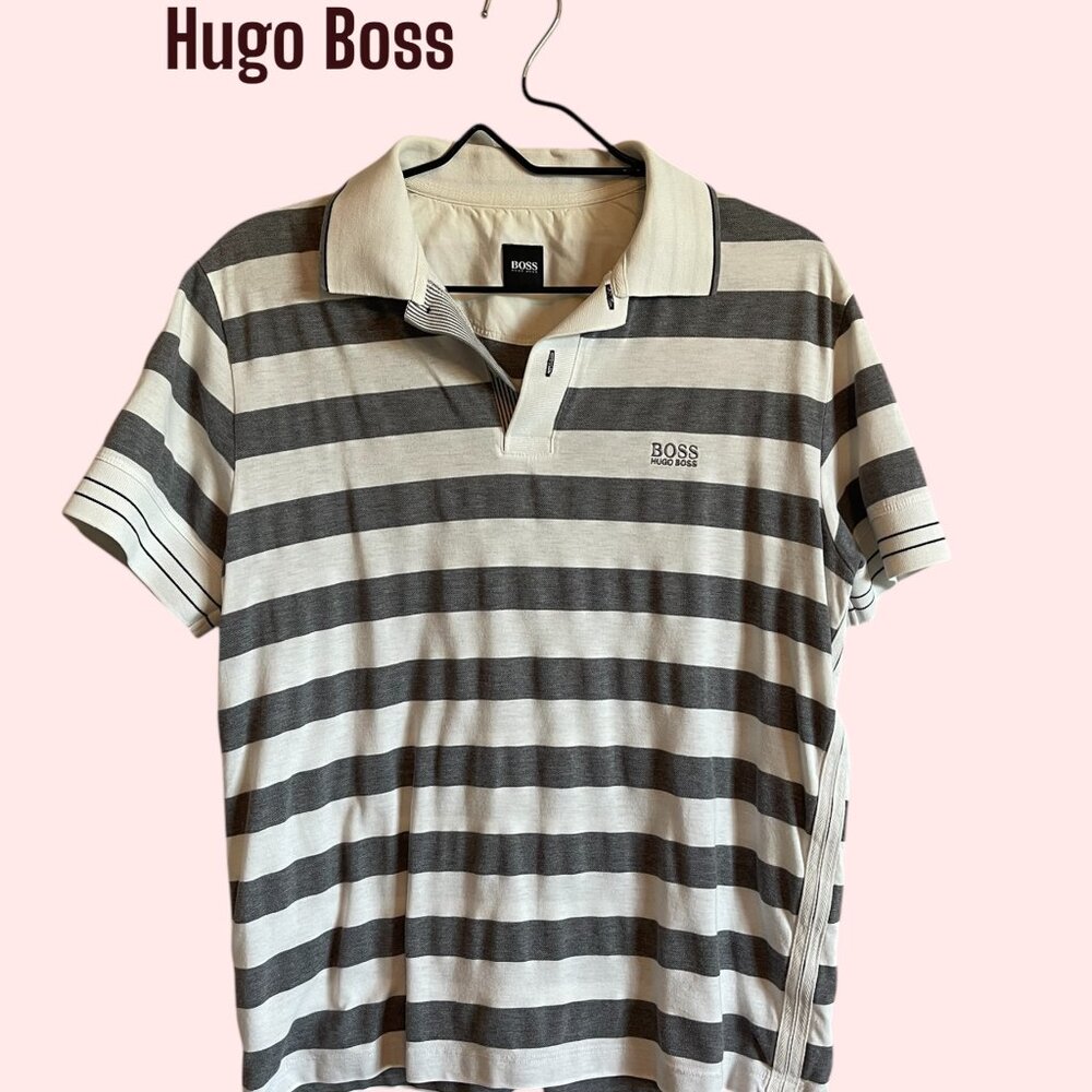 Hugo Boss Regular Fit Polo Shirt Men's L White Grey Stripe Short Sleeve GUC